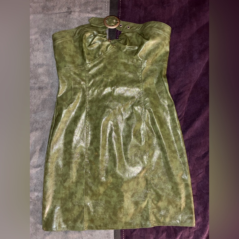 Strapless Olive Green Dress with Buckle Detail